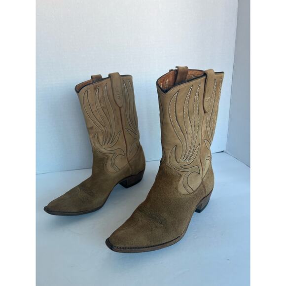 VTG Texas Brand Embroidered Brown Western Unisex Suede/Leather MidCalf Boots - Picture 1 of 11